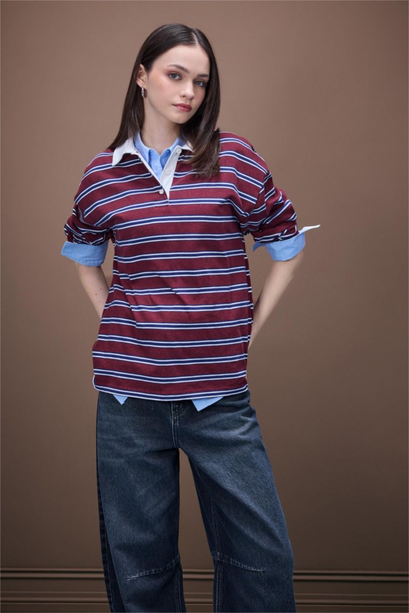 Kadın Bordo Loose Fit Çizgili Polo Yaka Uzun Kollu Tişört