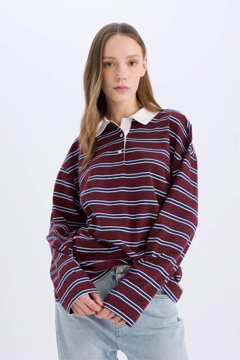 Kadın Bordo Loose Fit Çizgili Polo Yaka Uzun Kollu Tişört