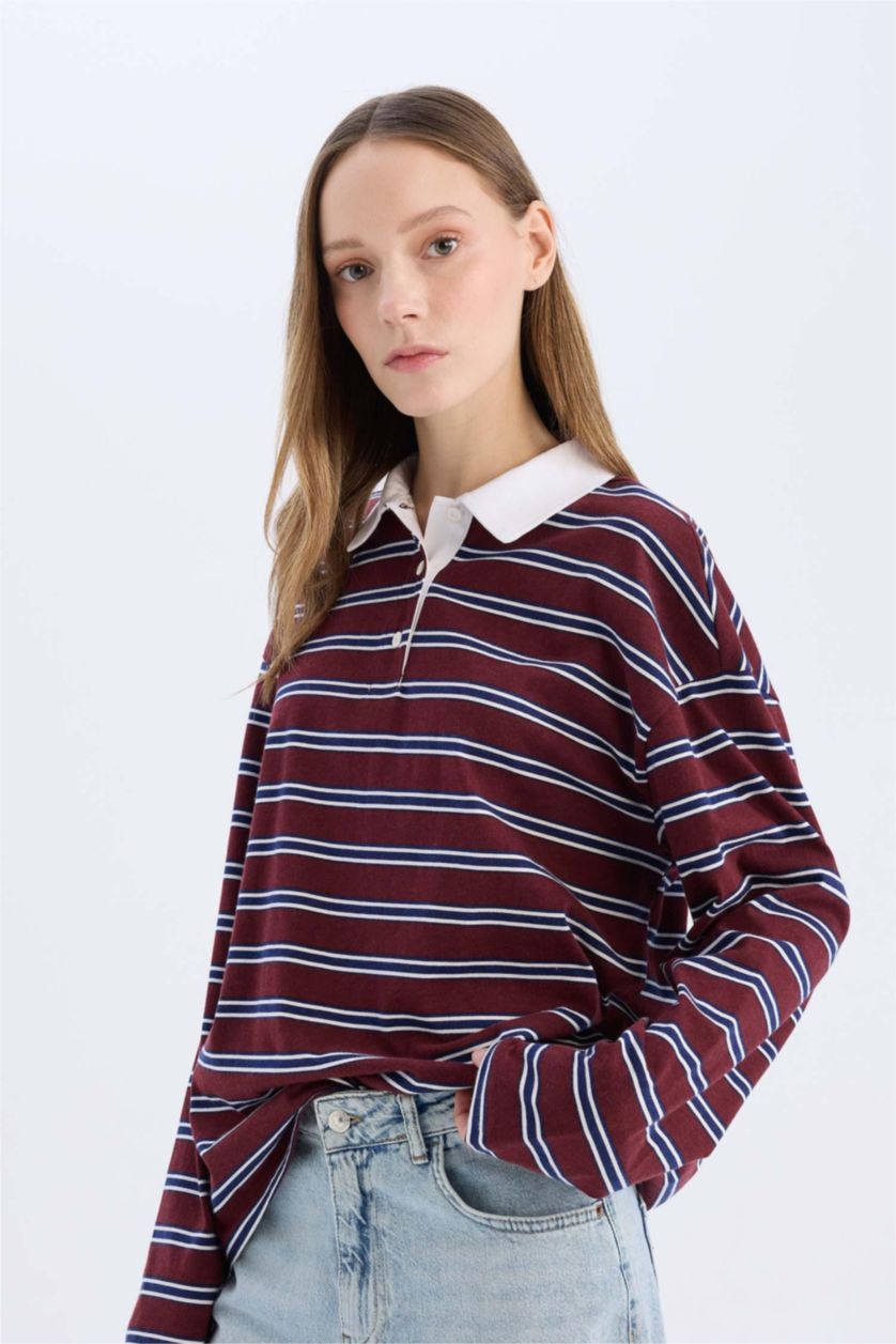 Kadın Bordo Loose Fit Çizgili Polo Yaka Uzun Kollu Tişört
