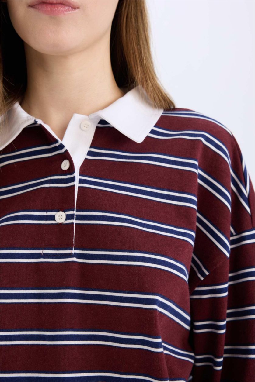 Kadın Bordo Loose Fit Çizgili Polo Yaka Uzun Kollu Tişört
