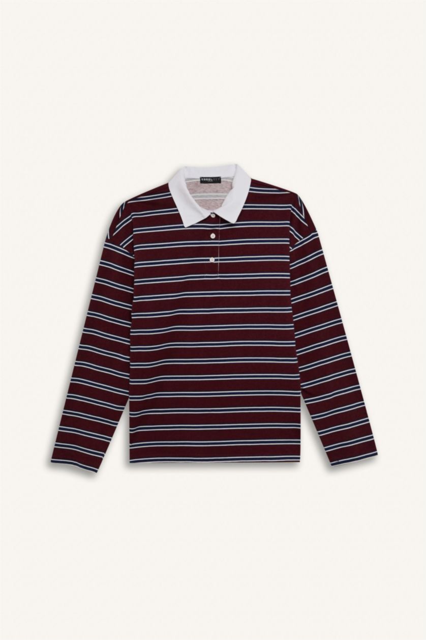 Kadın Bordo Loose Fit Çizgili Polo Yaka Uzun Kollu Tişört