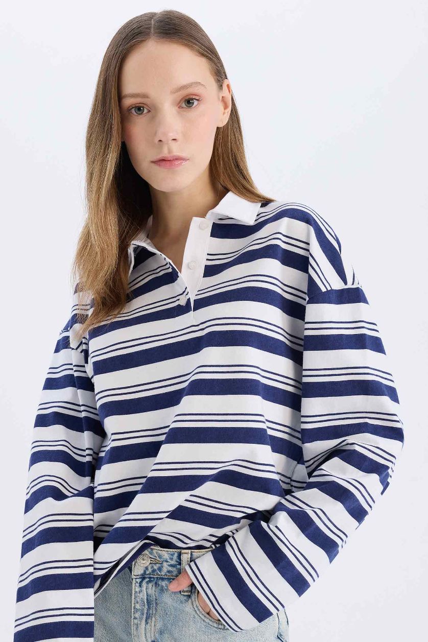 Woman NAVY Loose Fit Polo Collar Striped T-Shirt