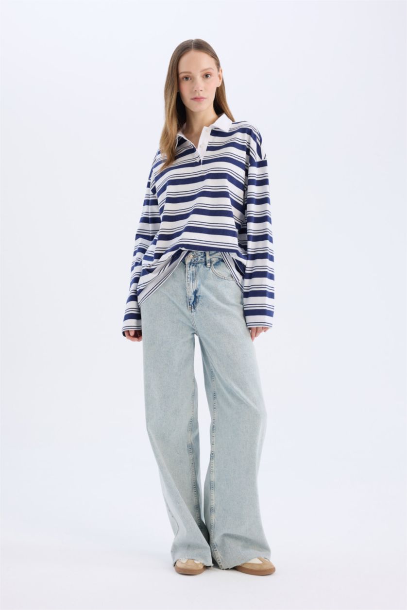 Woman NAVY Loose Fit Polo Collar Striped T-Shirt