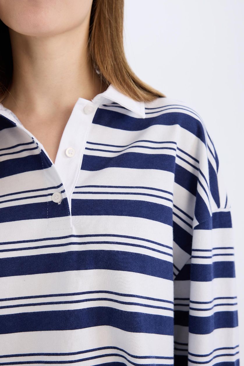 Woman NAVY Loose Fit Polo Collar Striped T-Shirt
