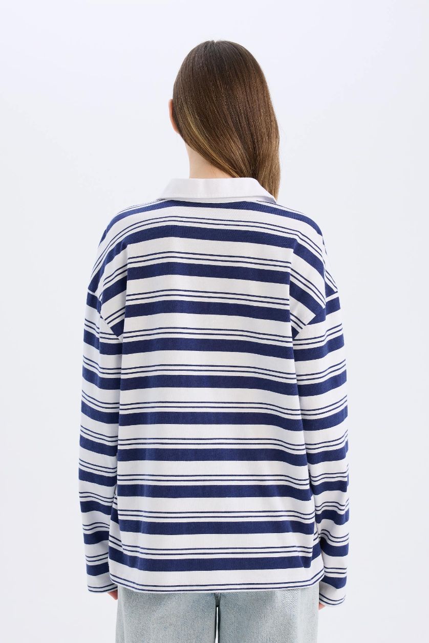 Woman NAVY Loose Fit Polo Collar Striped T-Shirt