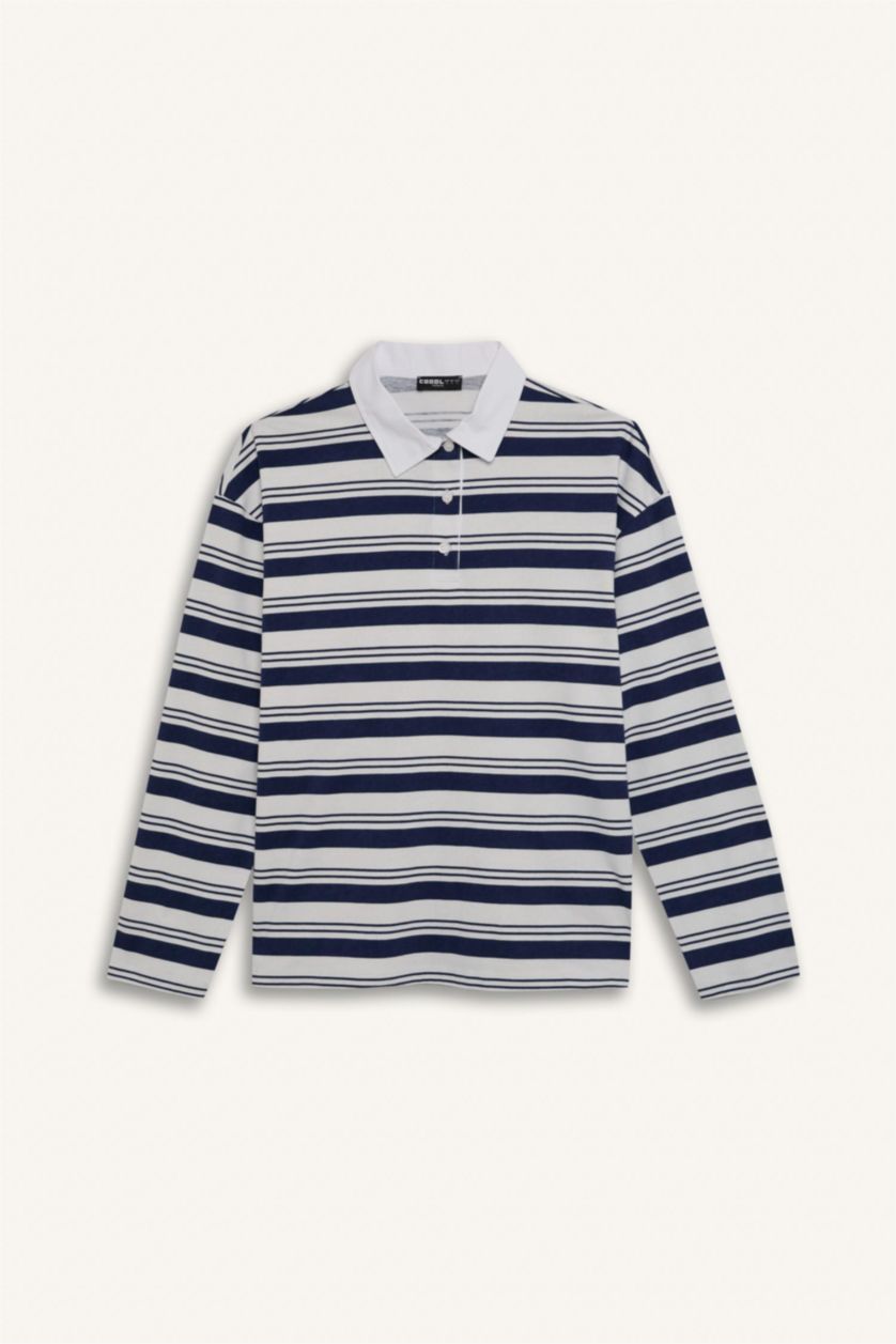 Woman NAVY Loose Fit Polo Collar Striped T-Shirt