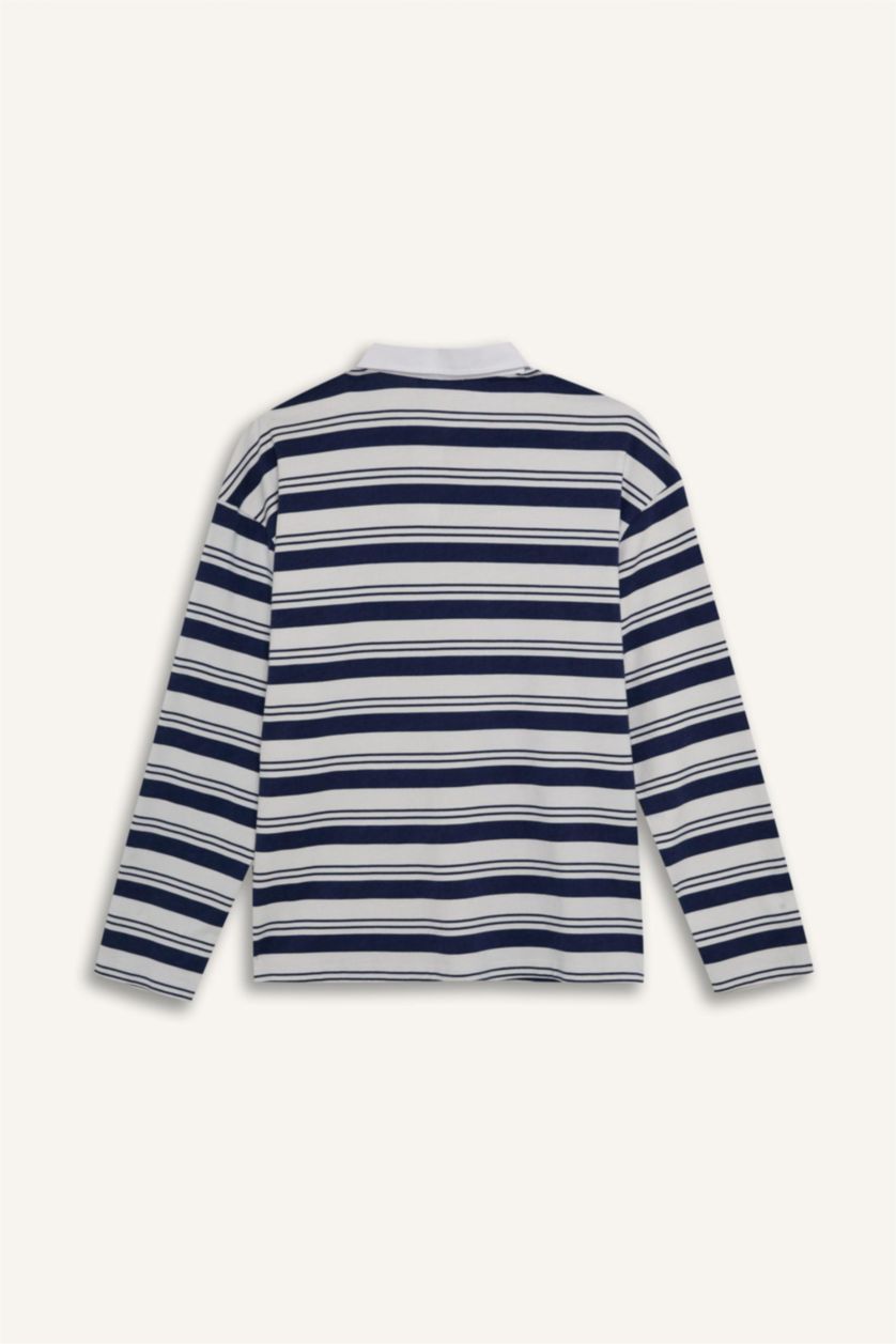 Woman NAVY Loose Fit Polo Collar Striped T-Shirt