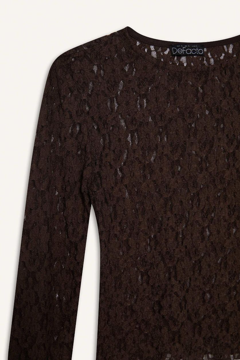 نساء بني تيشيرت كم طويل من الدانتيل سليم فيت برقبة مستديرة