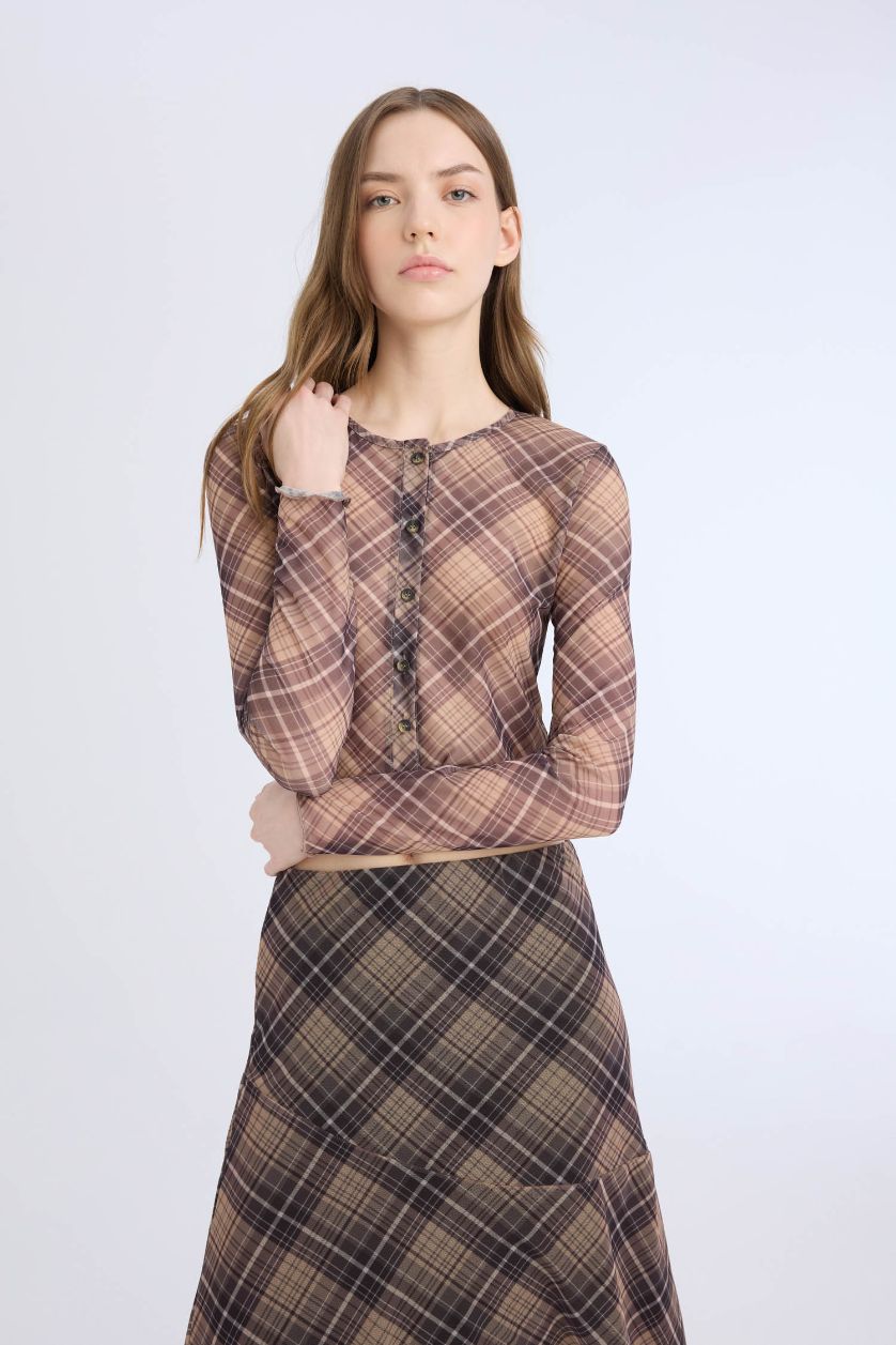 WOMAN Brown Slim Fit Crew Neck Long Sleeve T-Shirt