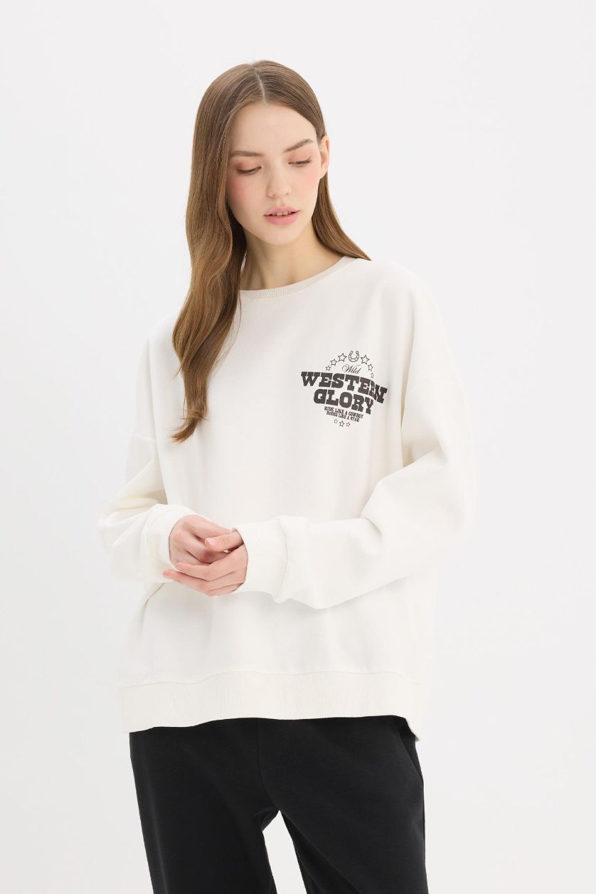 Woman White Oversize Fit Back Printed Thick Fabric Sweatshirt