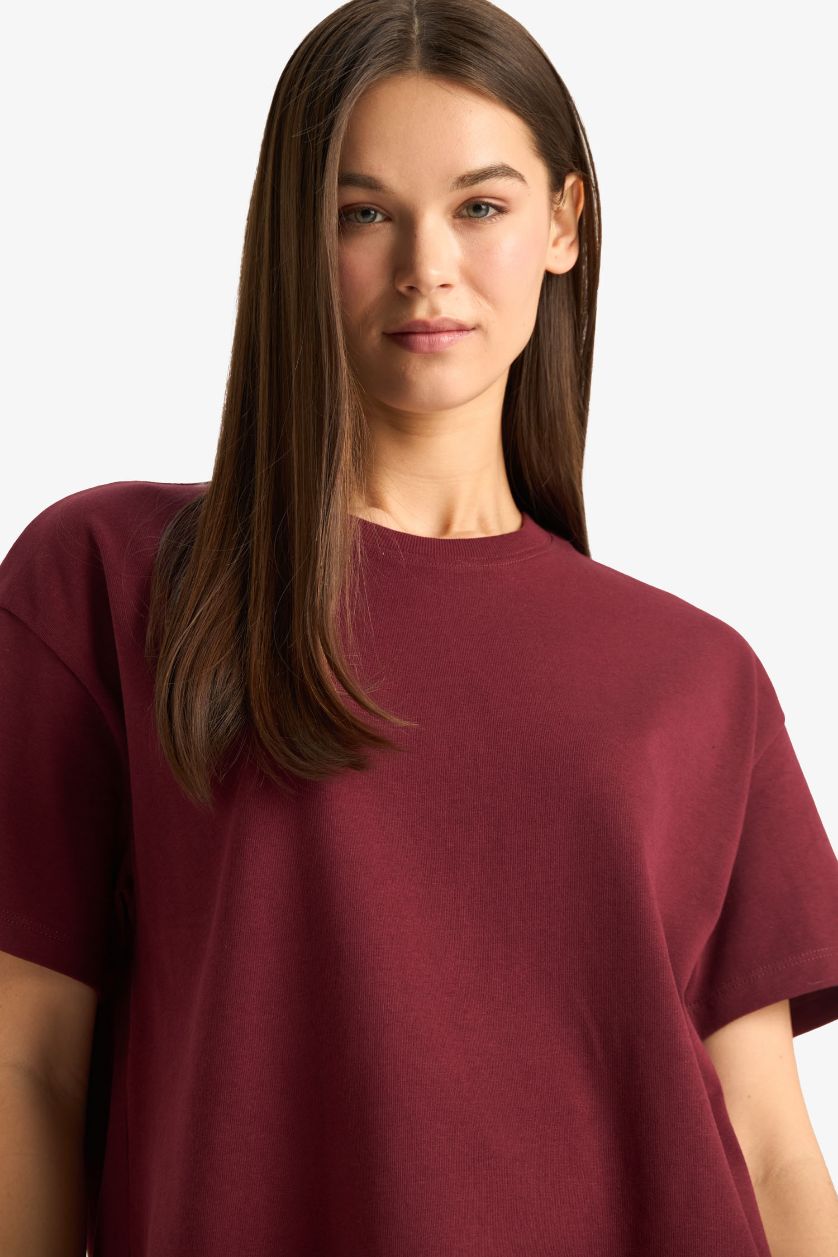Kadın Bordo Oversize Geniş Kalıp Bisiklet Yaka Basic Düz Bordo  Kısa Kollu Tişört