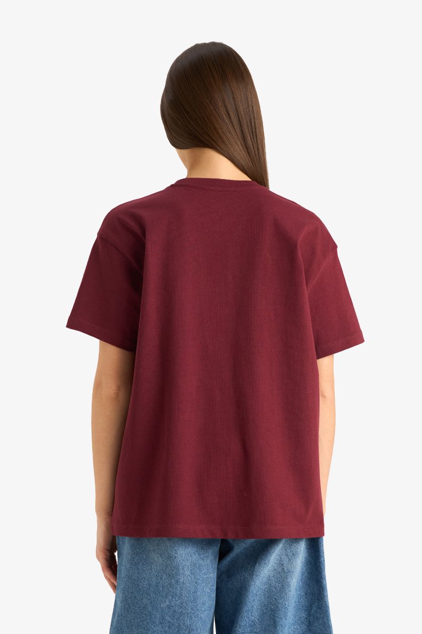 Kadın Bordo Oversize Geniş Kalıp Bisiklet Yaka Basic Düz Bordo  Kısa Kollu Tişört