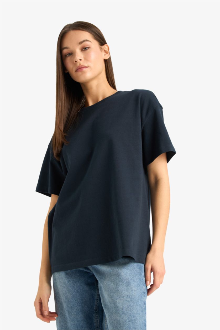 Woman NAVY Oversize Loose Fit Crew Neck Basic T-Shirt