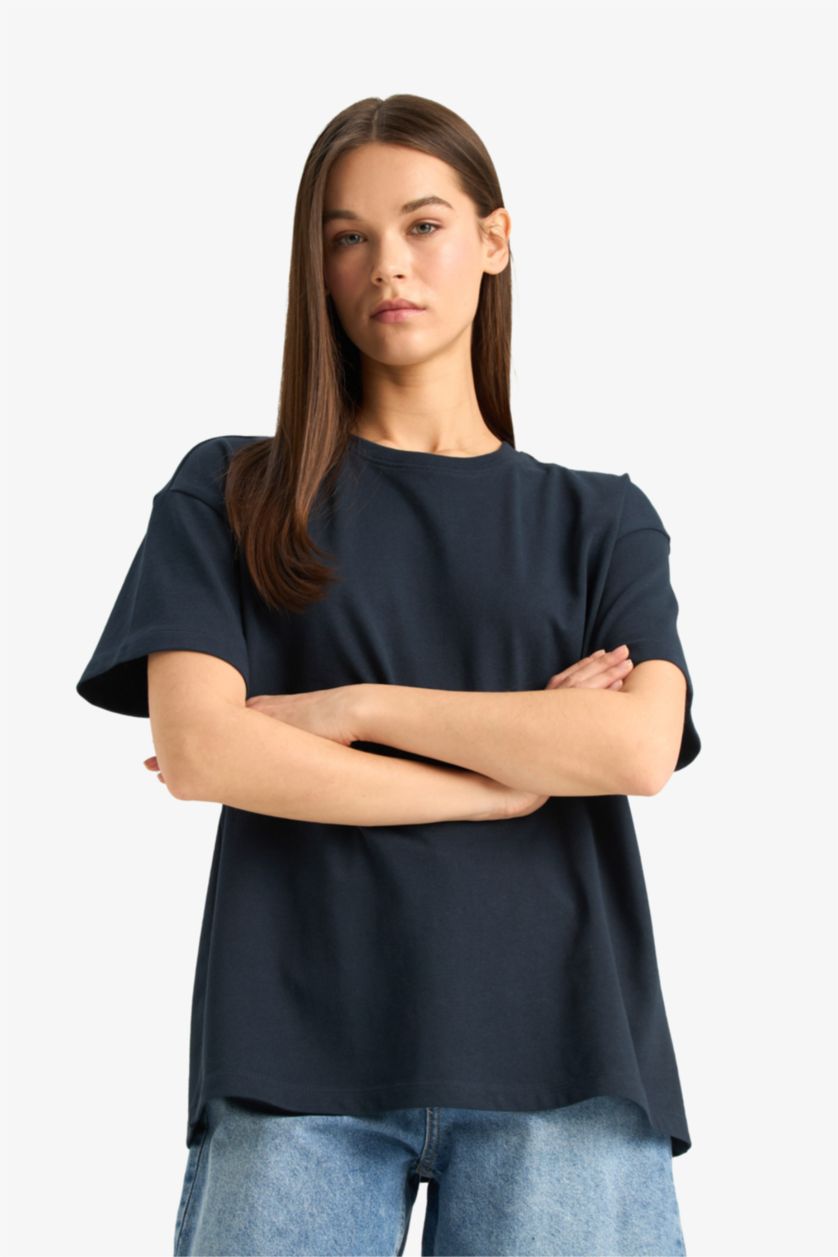 Woman NAVY Oversize Loose Fit Crew Neck Basic T-Shirt