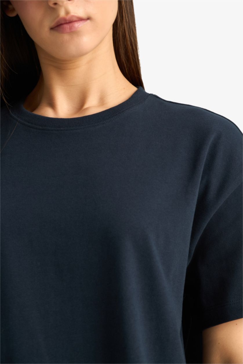 Woman NAVY Oversize Loose Fit Crew Neck Basic T-Shirt