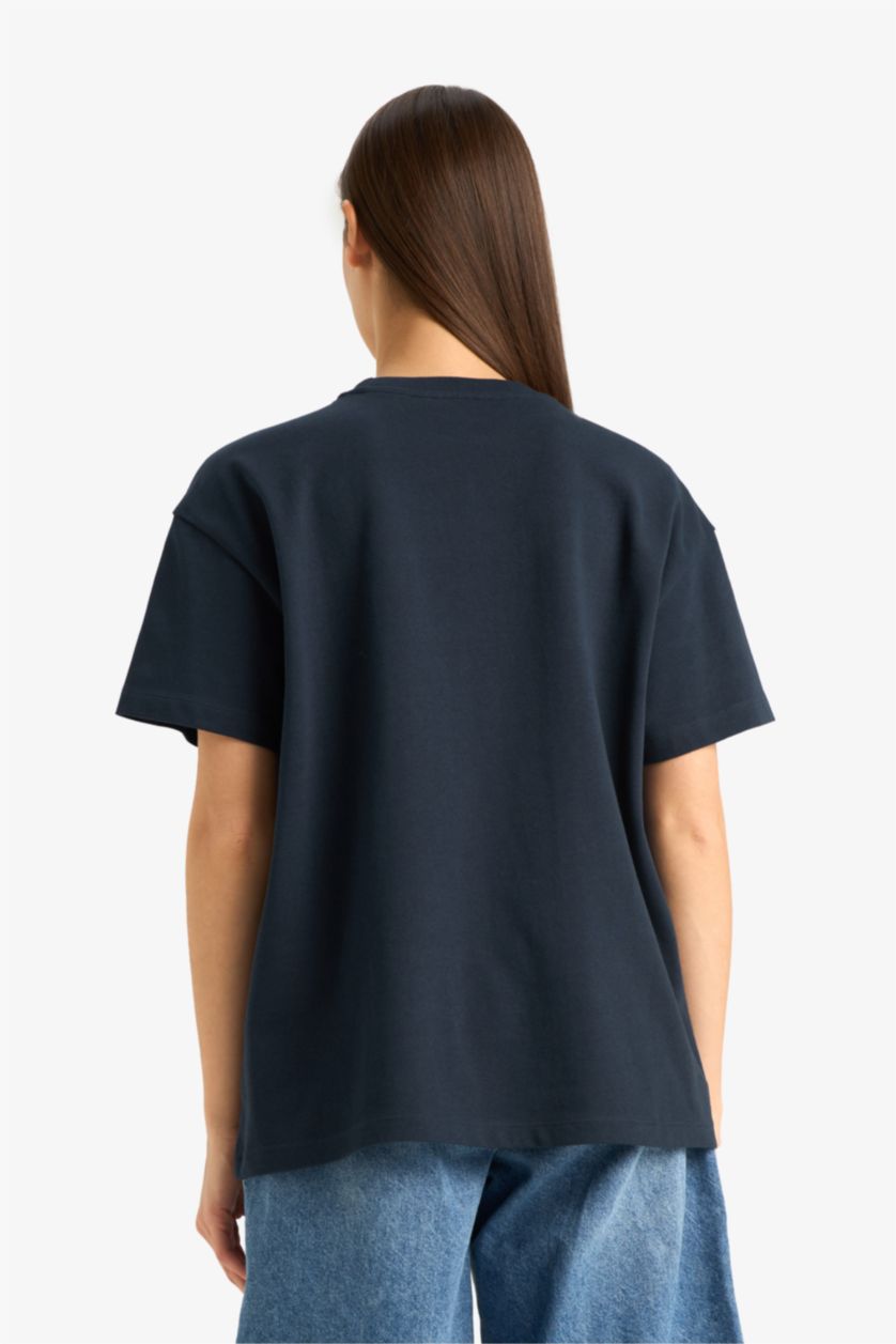 Woman NAVY Oversize Loose Fit Crew Neck Basic T-Shirt