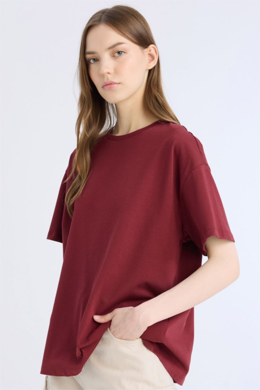 Kadın Bordo Oversize Geniş Kalıp Bisiklet Yaka Basic Düz Kalın Kısa Kollu Bordo Tişört