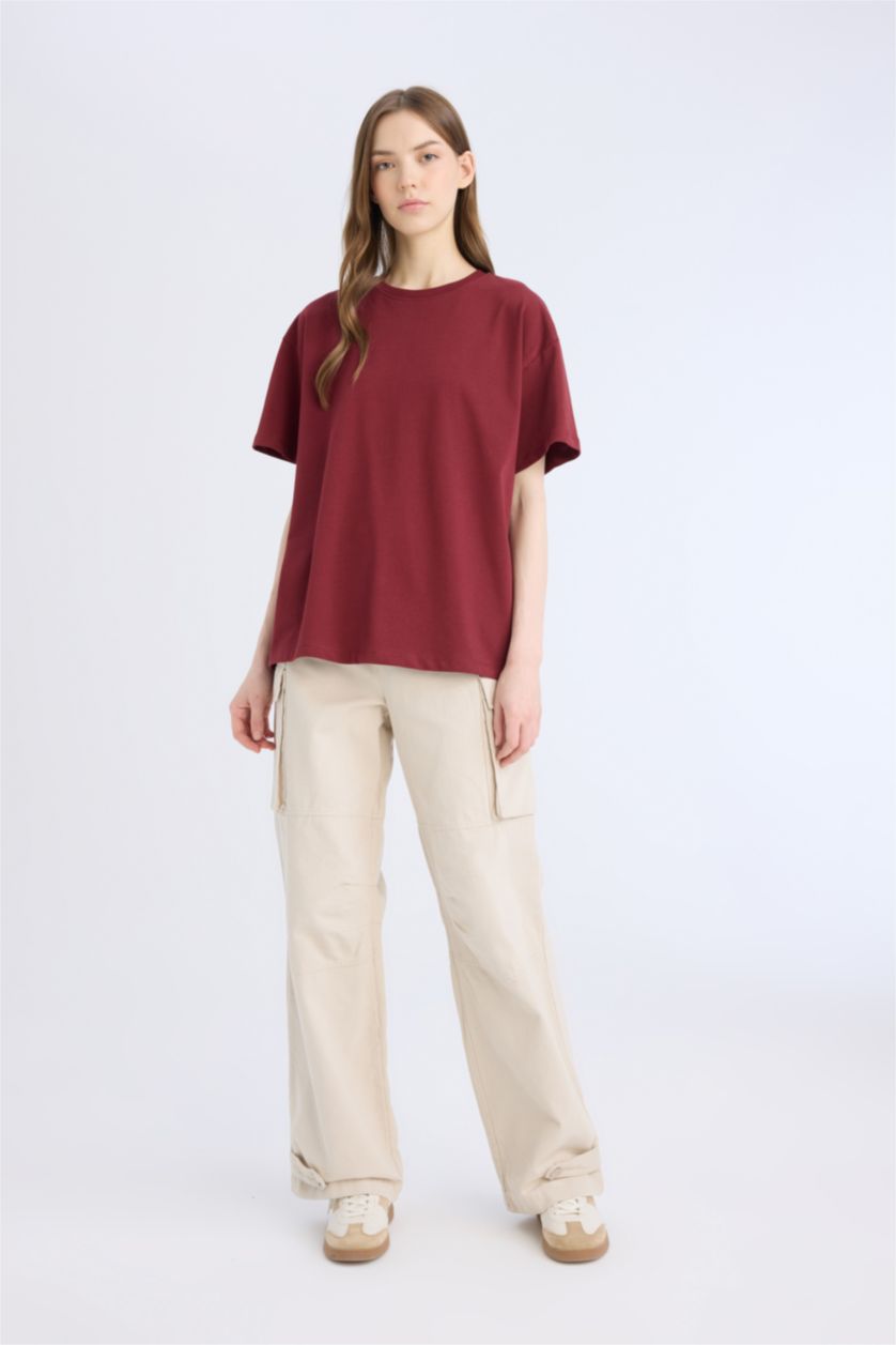 Kadın Bordo Oversize Geniş Kalıp Bisiklet Yaka Basic Düz Kalın Kısa Kollu Bordo Tişört