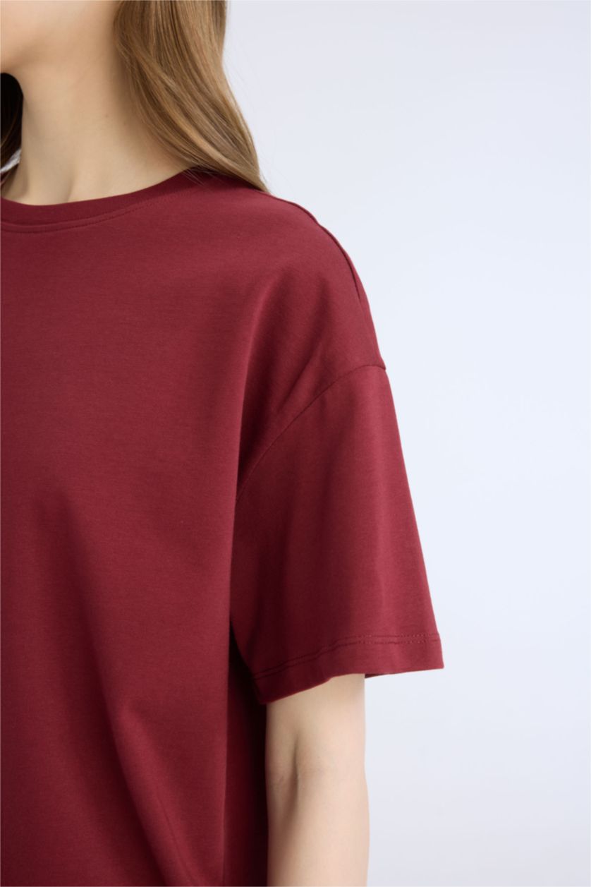 Kadın Bordo Oversize Geniş Kalıp Bisiklet Yaka Basic Düz Kalın Kısa Kollu Bordo Tişört