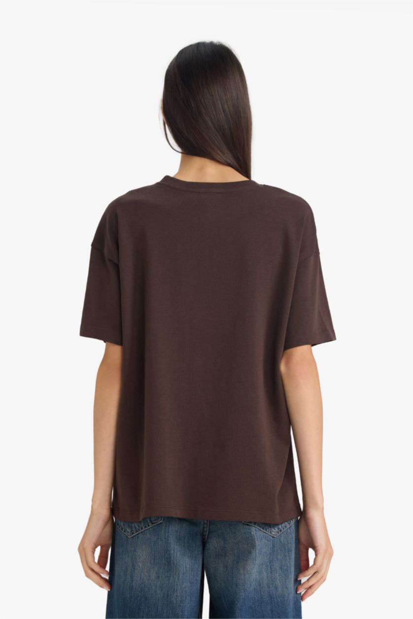 Woman Brown Oversize Fit Crew Neck Short Sleeve T-shirt