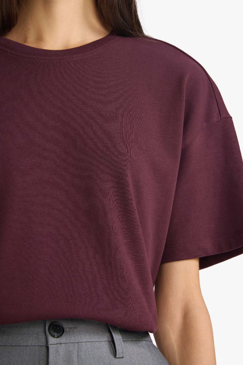 نساء خمري تيشيرت نص ردن اوفر سايز وياخة مستديرة