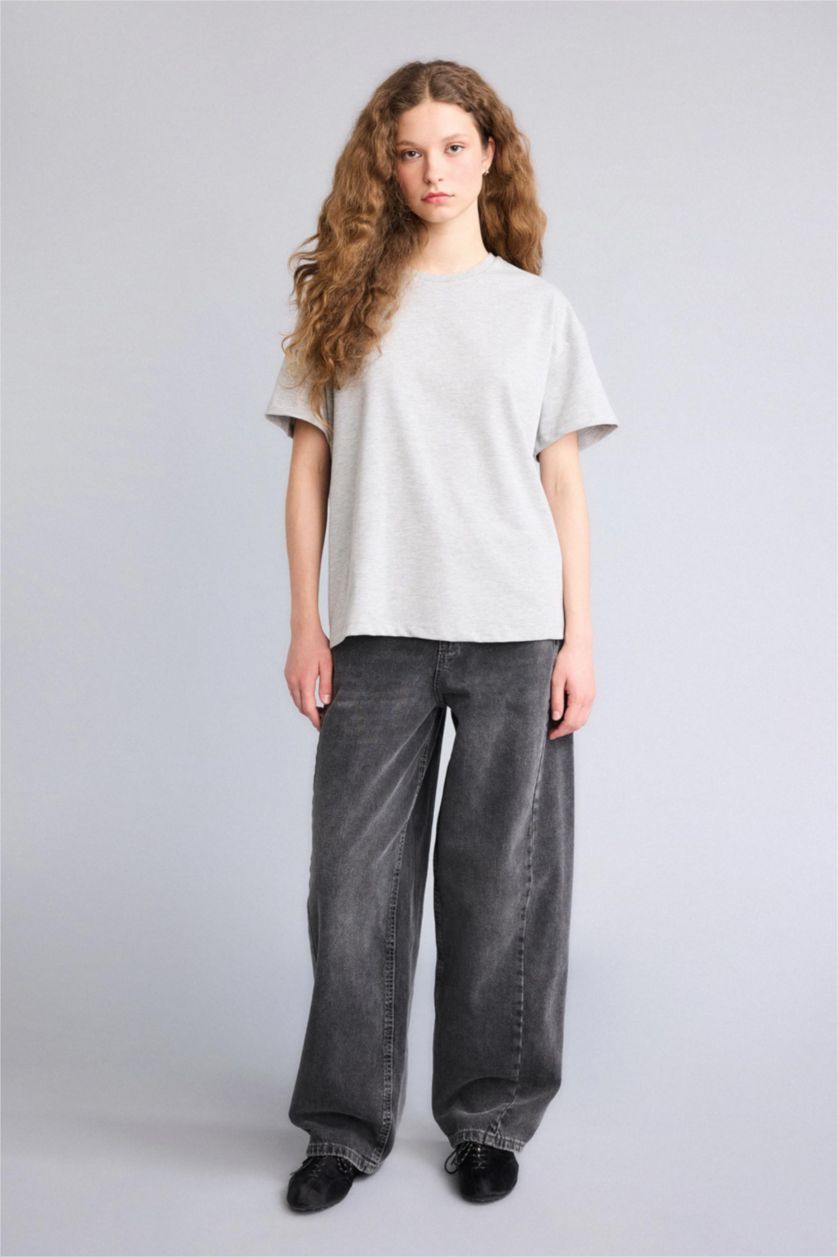 Женщины Серый меланж Футболка оверсайз с круглым вырезом и коротким рукавом