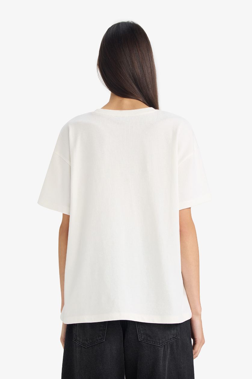 نساء اوف وايت تيشيرت نص ردن اوفر سايز وياخة مستديرة