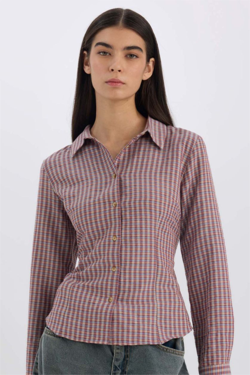WOMAN Bordeaux Fitted Plaid Long Sleeve Shirt
