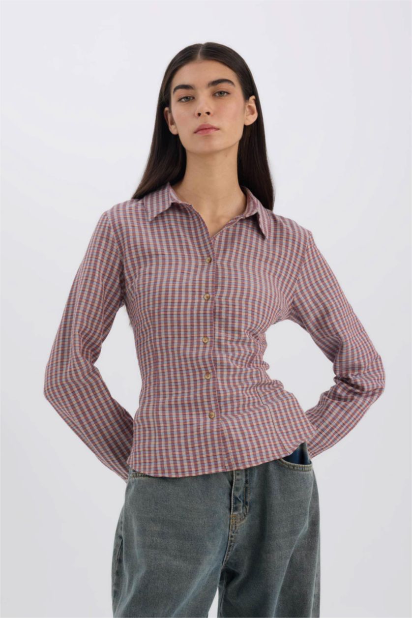 WOMAN Bordeaux Fitted Plaid Long Sleeve Shirt
