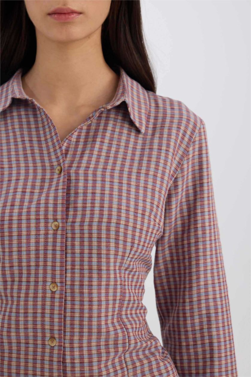 WOMAN Bordeaux Fitted Plaid Long Sleeve Shirt
