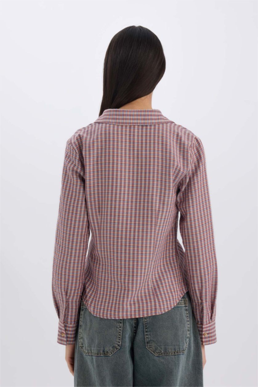 WOMAN Bordeaux Fitted Plaid Long Sleeve Shirt
