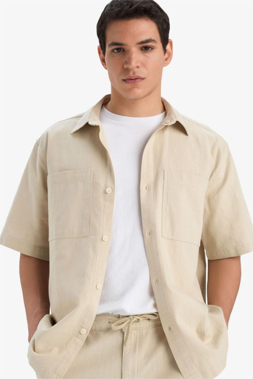 Erkek Taş %100 Pamuk Relax Fit Yazlık Cepli Kısa Kollu Gömlek