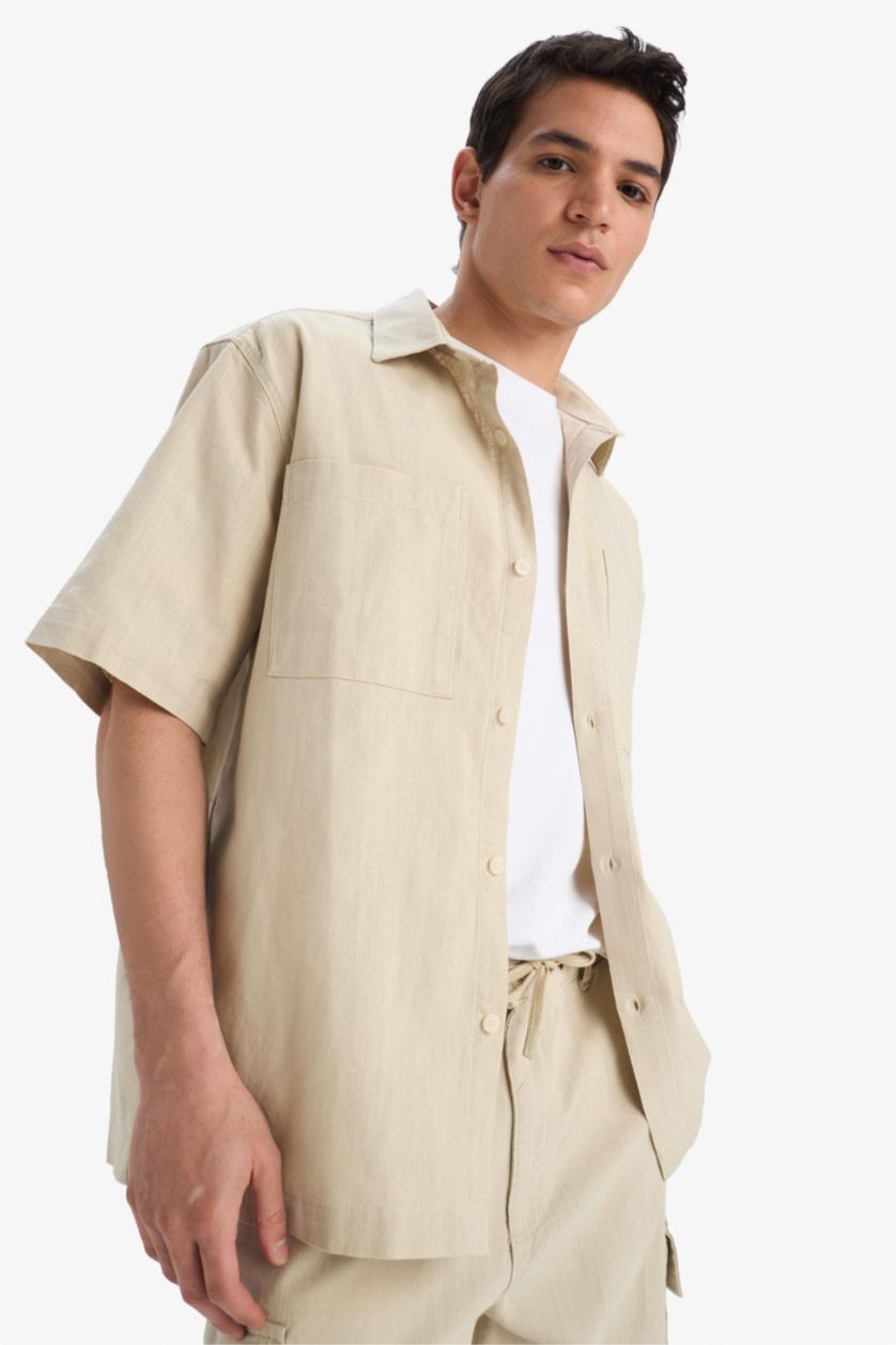 Erkek Taş %100 Pamuk Relax Fit Yazlık Cepli Kısa Kollu Gömlek