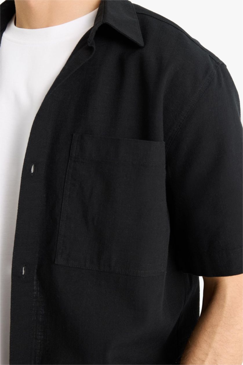 Erkek Siyah %100 Pamuk Relax Fit Yazlık Cepli Kısa Kollu Siyah Gömlek