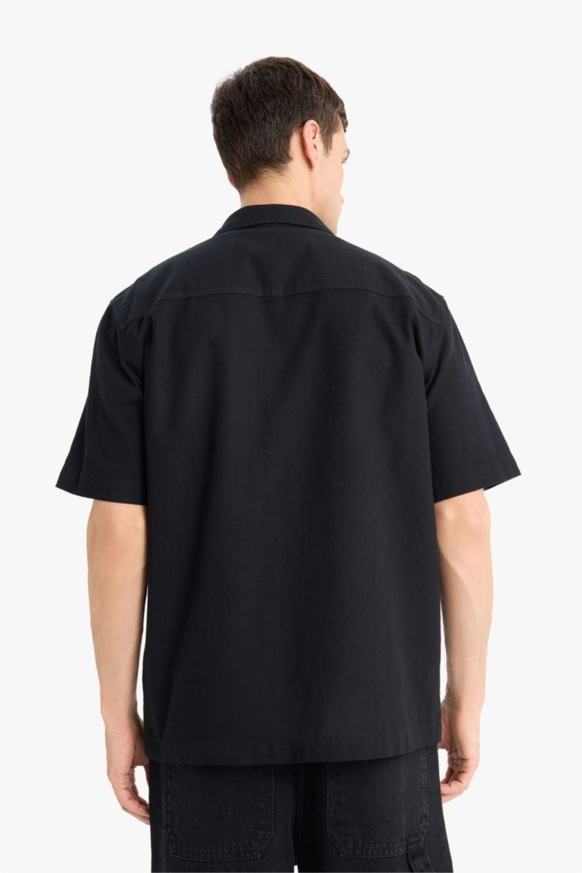 Erkek Siyah %100 Pamuk Relax Fit Yazlık Cepli Kısa Kollu Siyah Gömlek