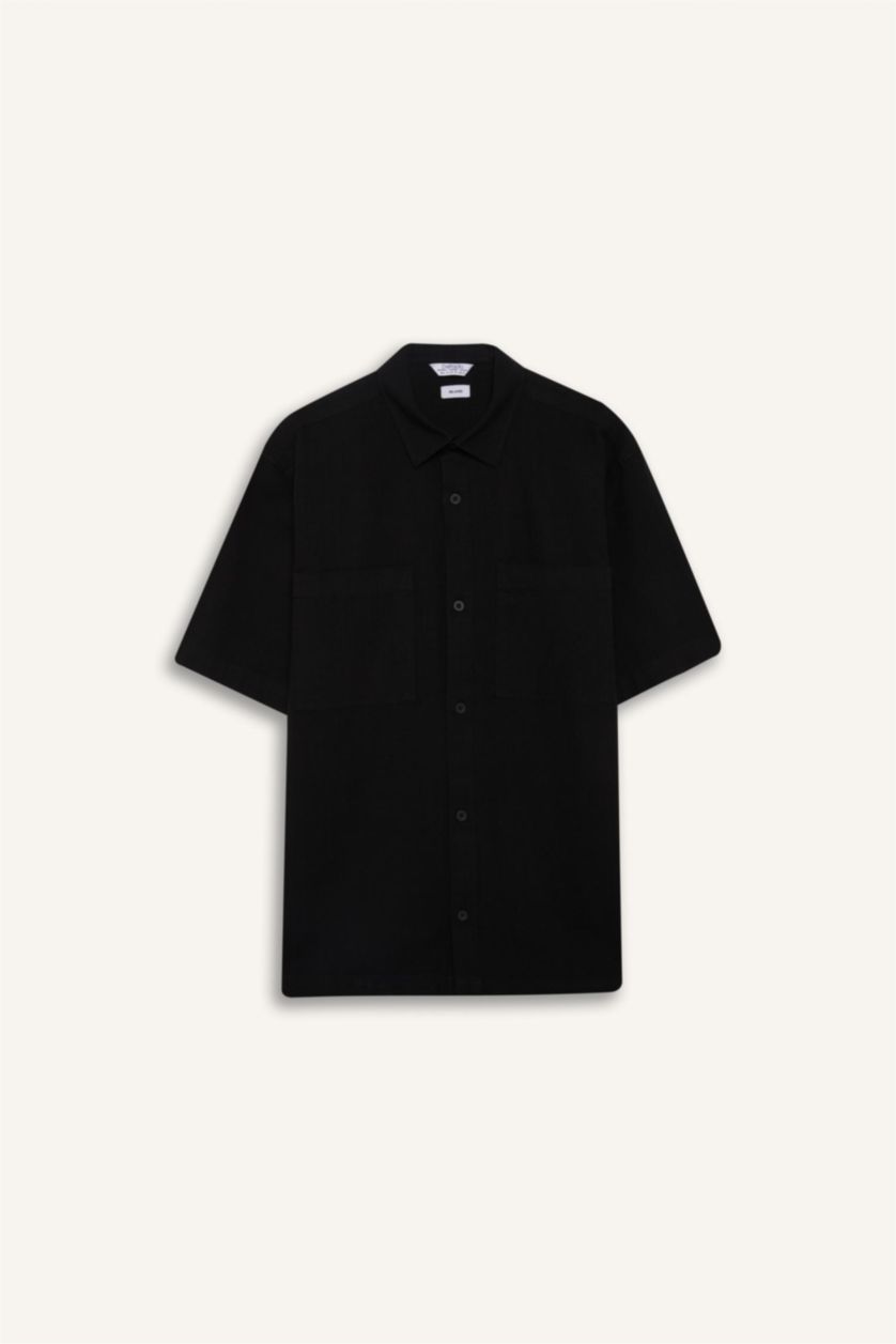 Erkek Siyah %100 Pamuk Relax Fit Yazlık Cepli Kısa Kollu Siyah Gömlek
