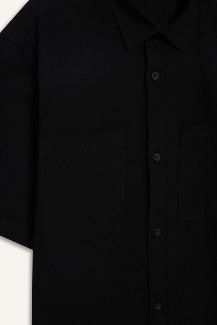 Erkek Siyah %100 Pamuk Relax Fit Yazlık Cepli Kısa Kollu Siyah Gömlek