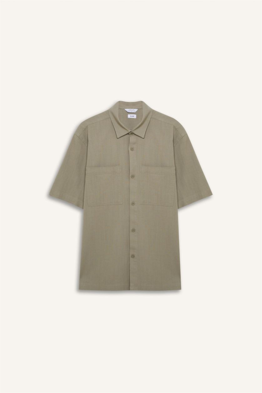 Man Light Khaki Relax Fit Summer Short Sleeve Shirt