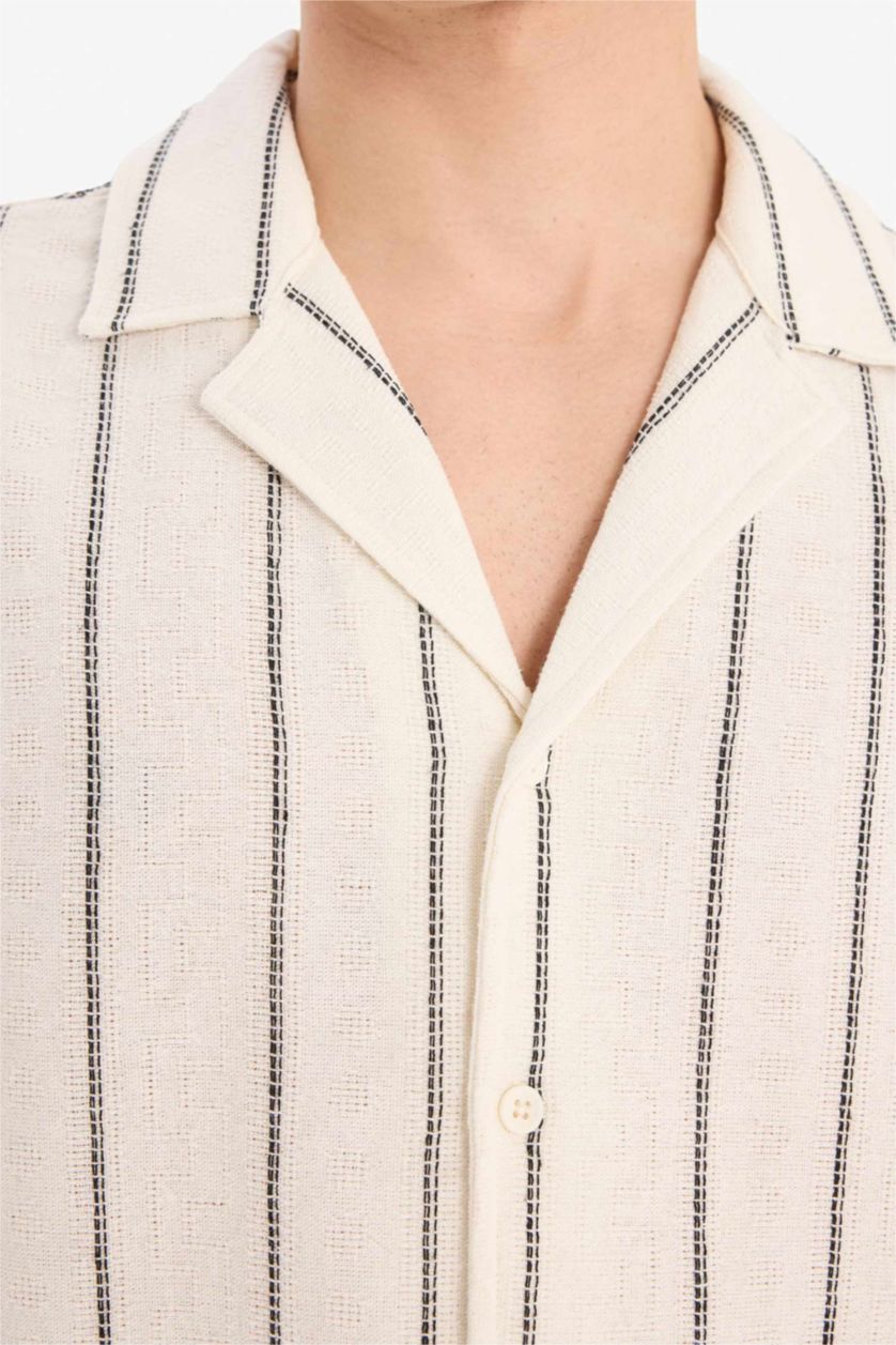 Erkek Taş Regular Fit Apaş Yaka Yazlık Çizgili Kısa Kollu Gömlek