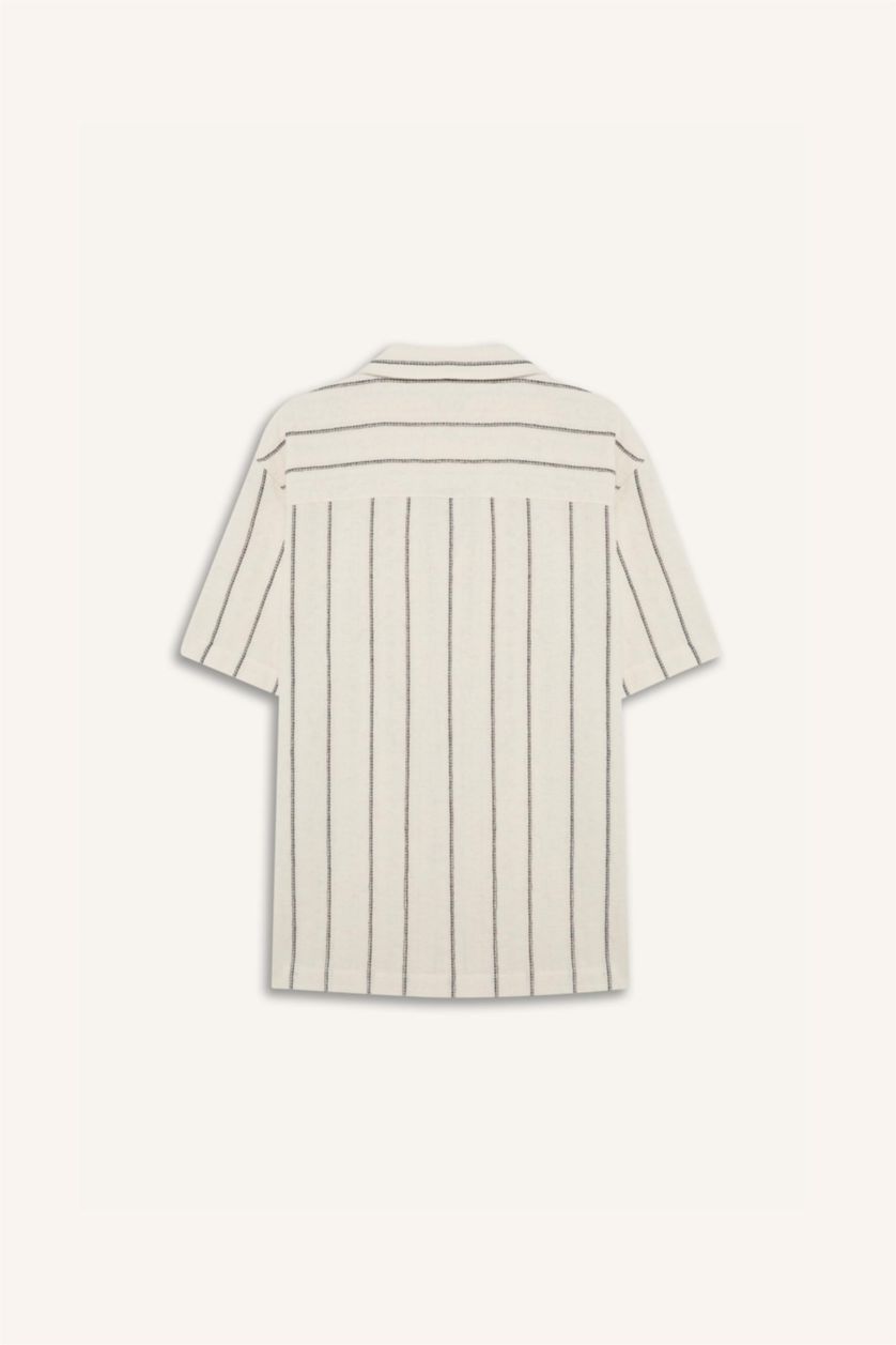 Erkek Taş Regular Fit Apaş Yaka Yazlık Çizgili Kısa Kollu Gömlek