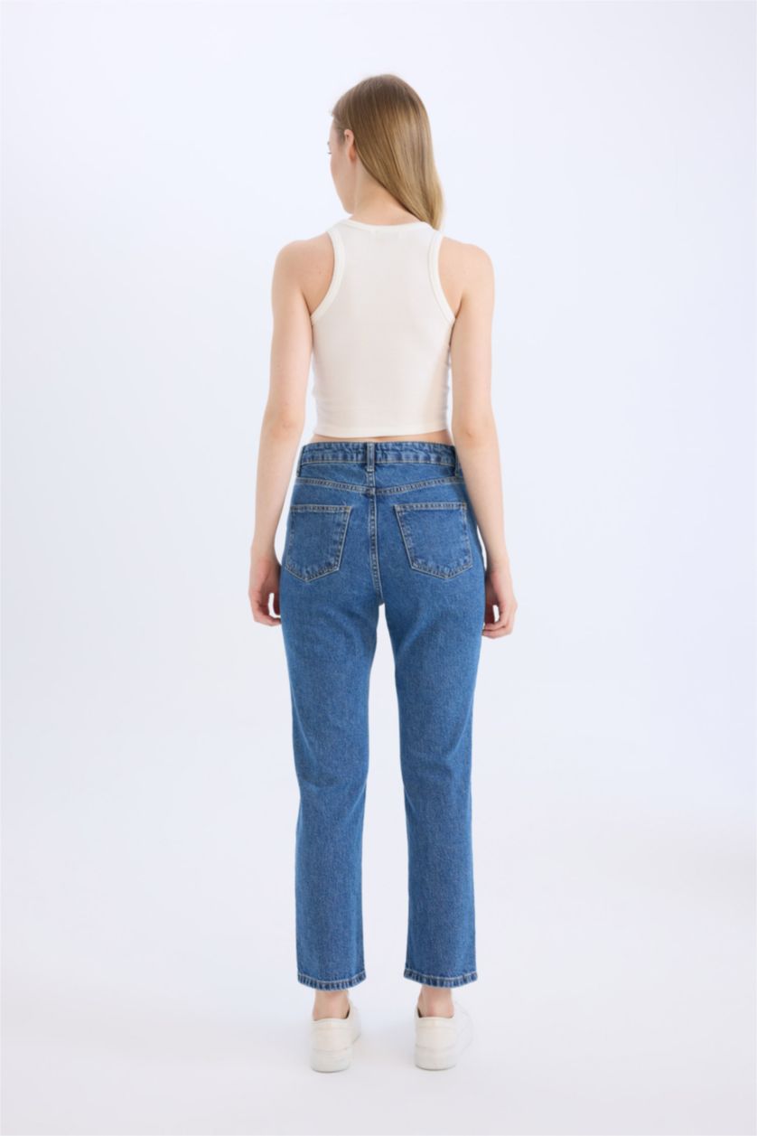 نساء أزرق سروال جينز بخصر عالي قصة مريحة مستقيمة