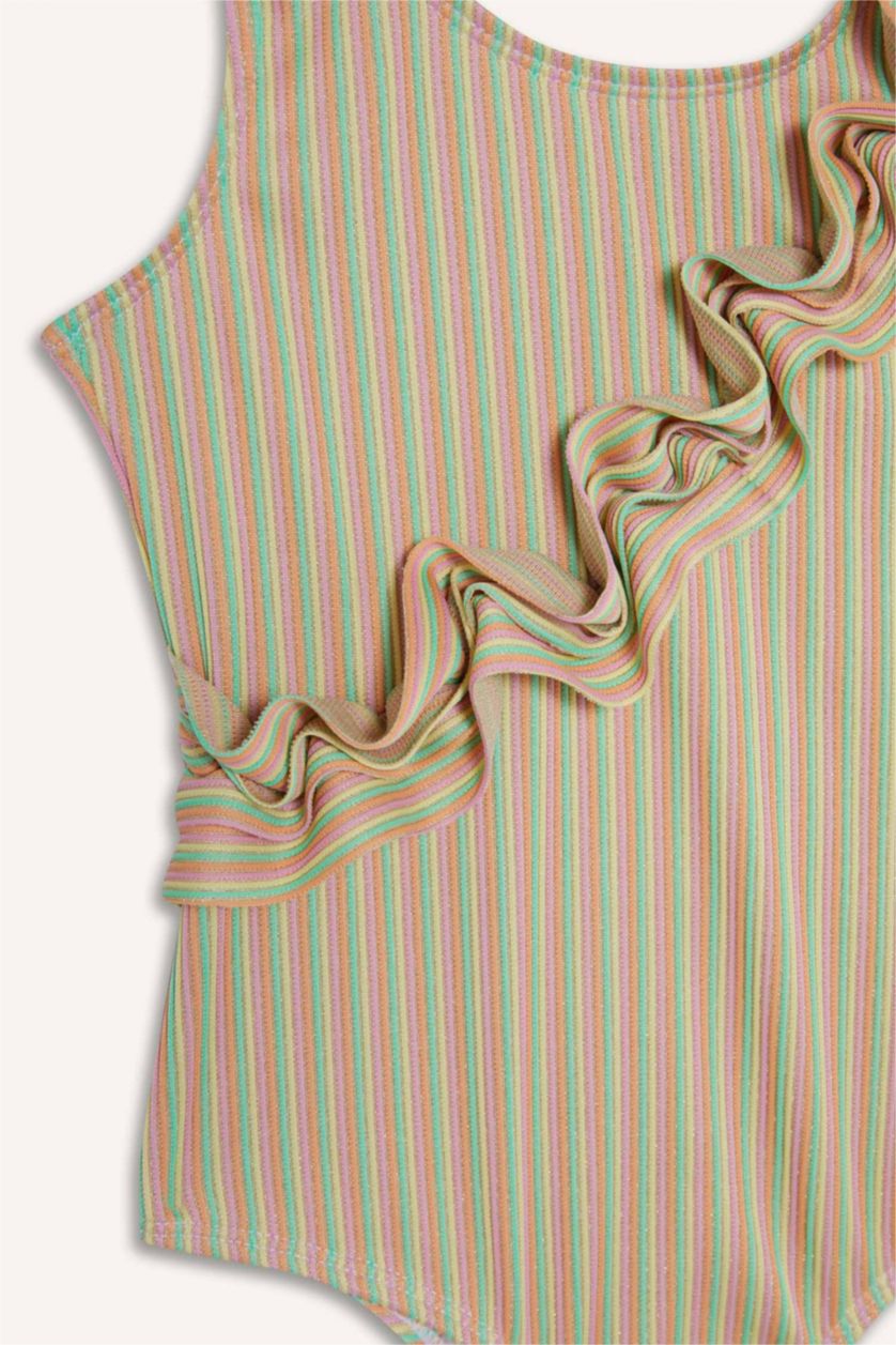 Kız Çocuk - Genç Kız Pembe Çizgili Fırfır Detaylı Mayo Kız Çocuk