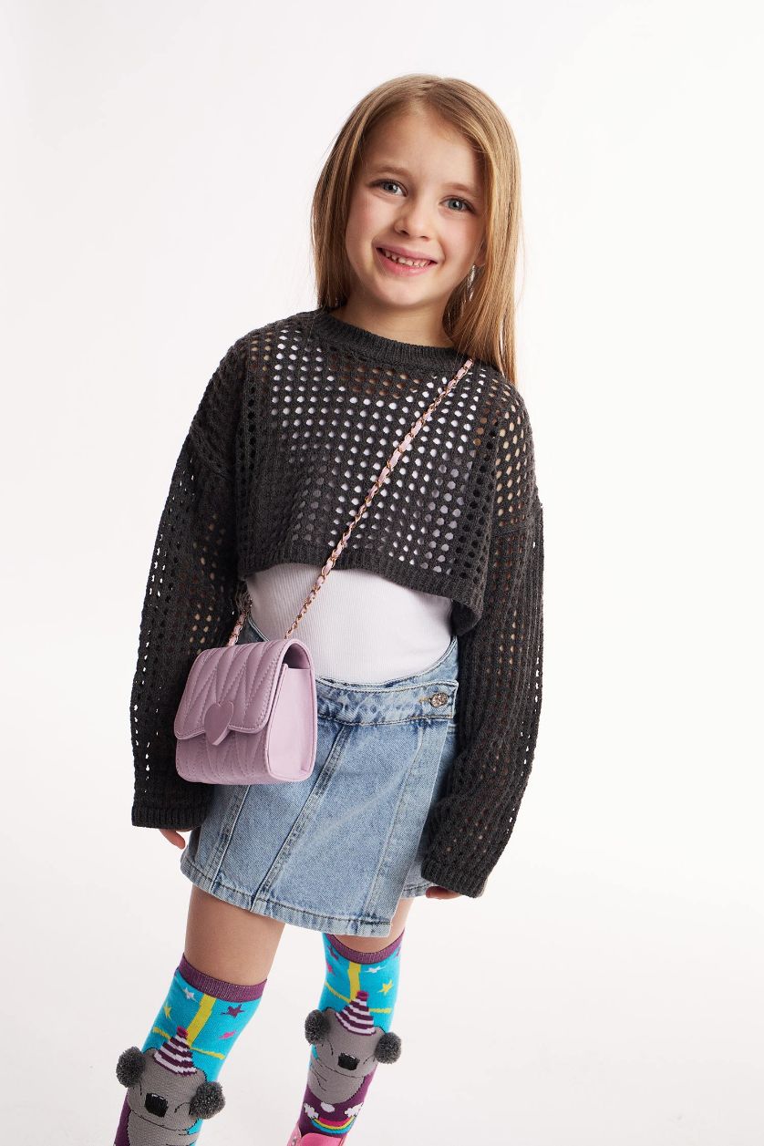 Kız Çocuk - Genç Kız Antrasit Crop Bisiklet Yaka Ajurlu Triko Kazak Kız Çocuk