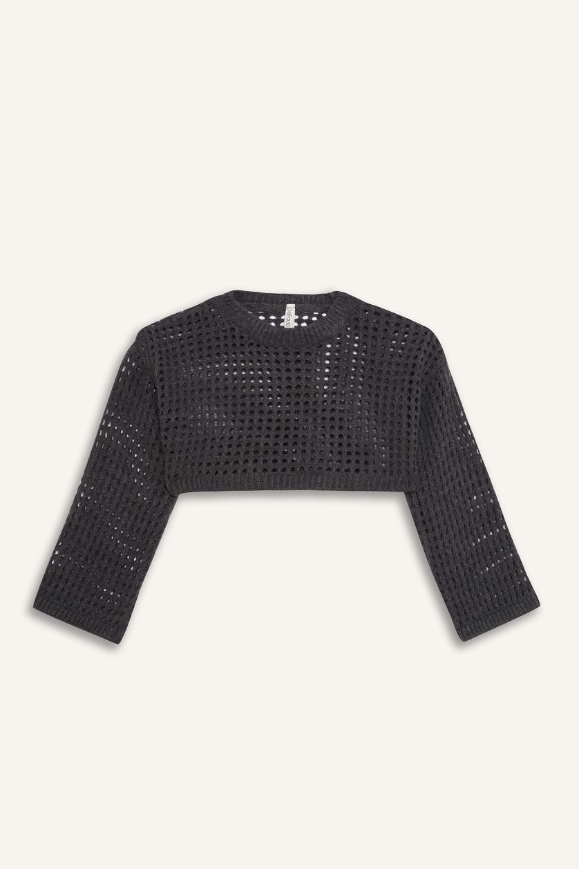 Kız Çocuk - Genç Kız Antrasit Crop Bisiklet Yaka Ajurlu Triko Kazak Kız Çocuk