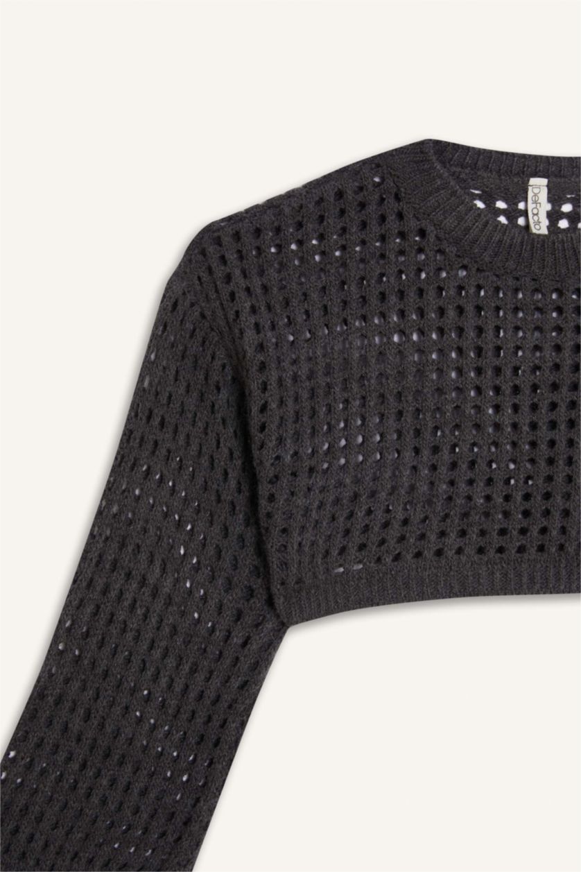 Kız Çocuk - Genç Kız Antrasit Crop Bisiklet Yaka Ajurlu Triko Kazak Kız Çocuk