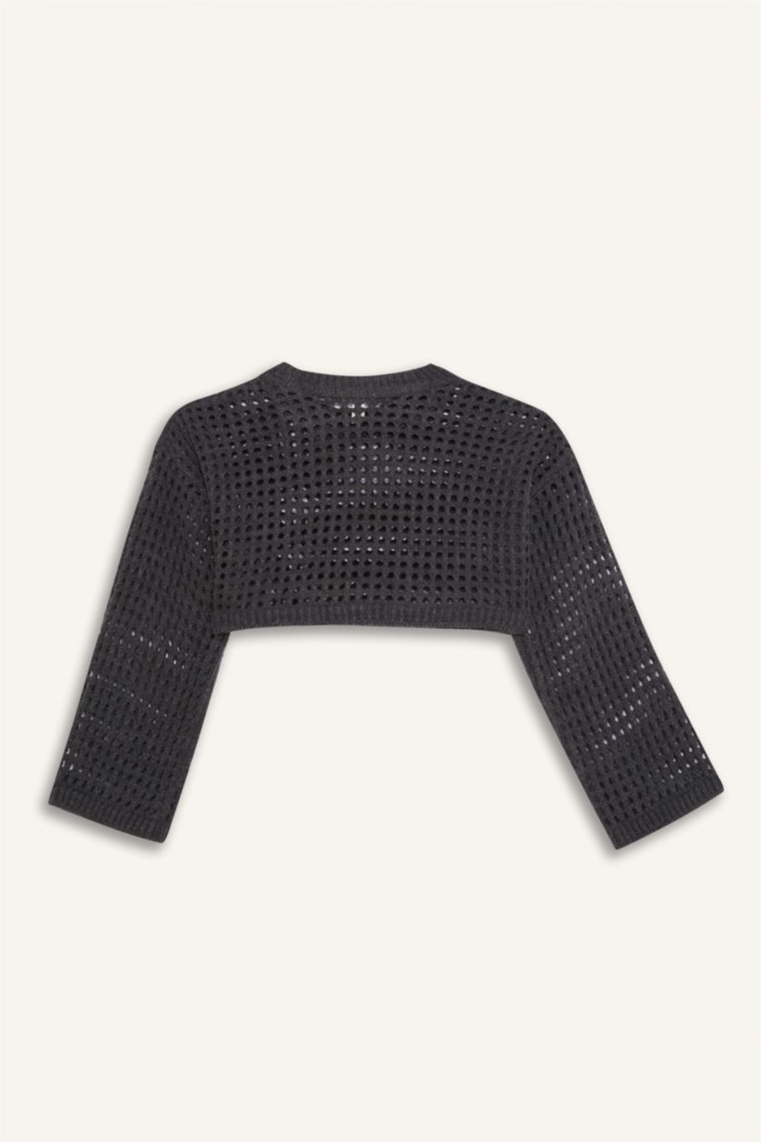 Kız Çocuk - Genç Kız Antrasit Crop Bisiklet Yaka Ajurlu Triko Kazak Kız Çocuk