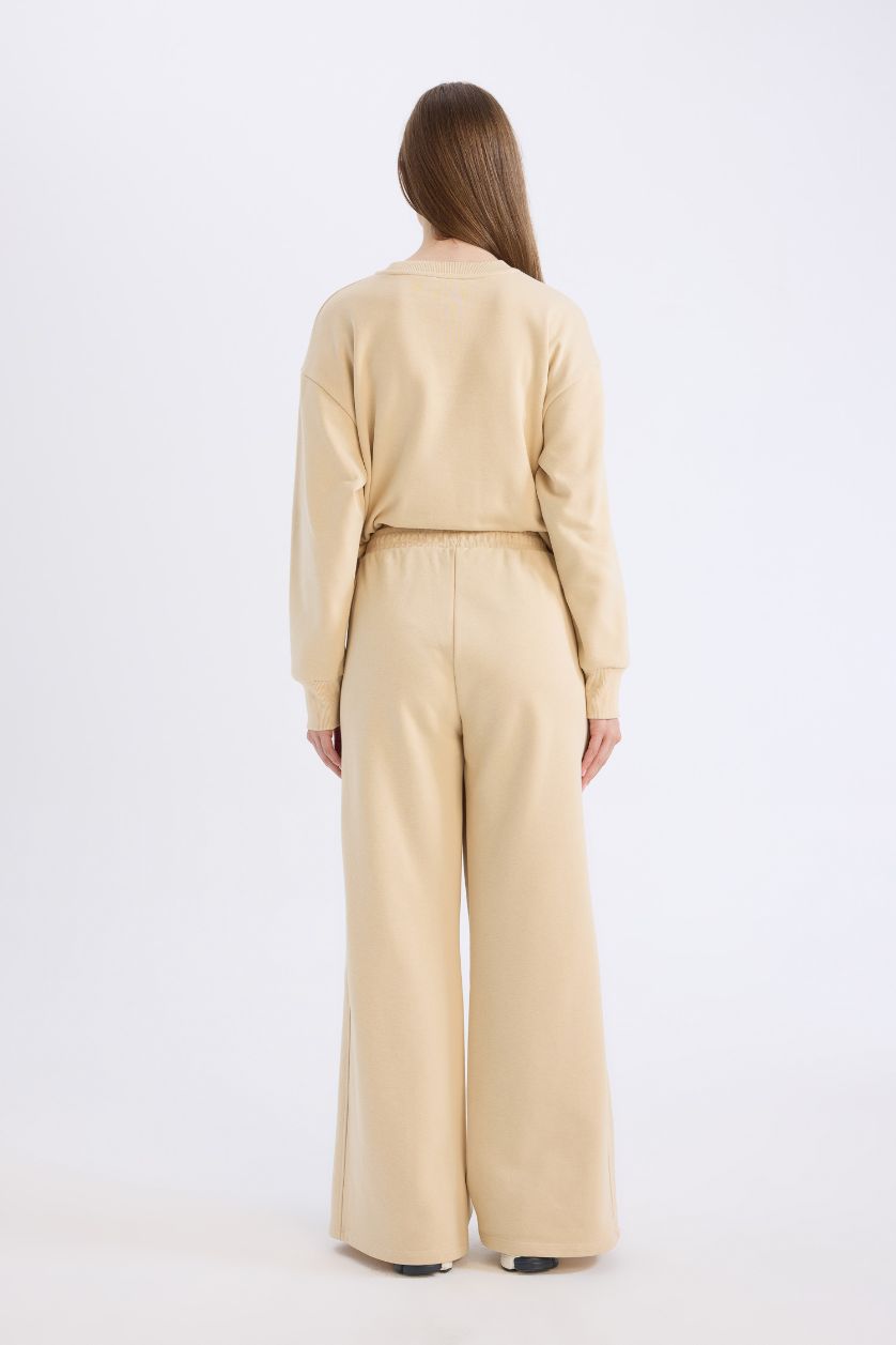 Kadın Kum Straight Fit Kalın Eşofman Altı Basic Düz Beli Lastikli Geniş Bol Paça