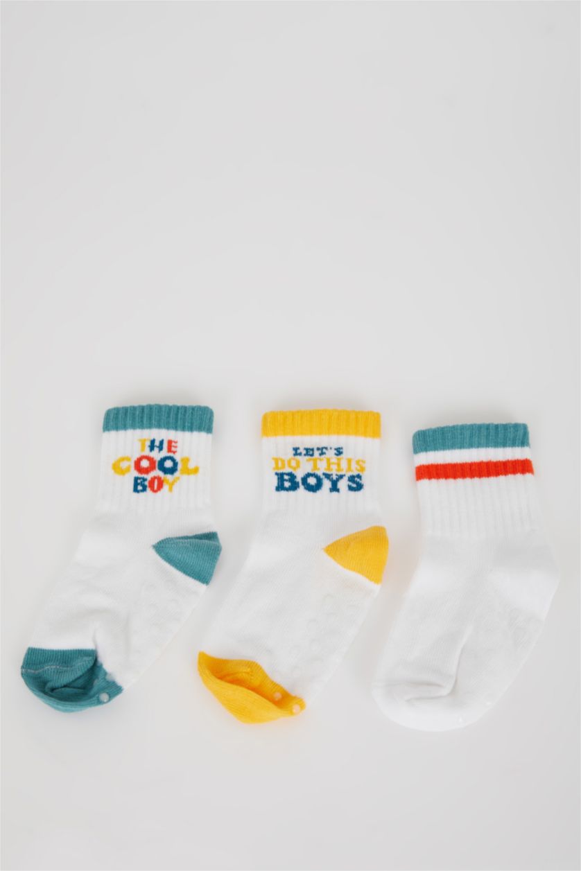 BABY BOY White Baby Boy Non-Slip Sole 3 Piece Cotton Long Socks