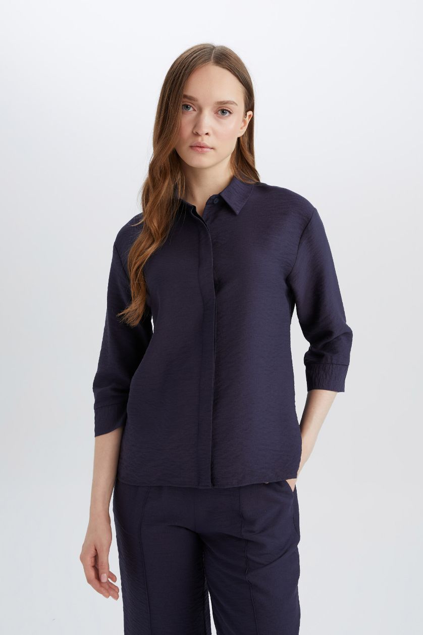 Kadın Lacivert Regular Fit Basic Düz Yarım Kollu Gömlek