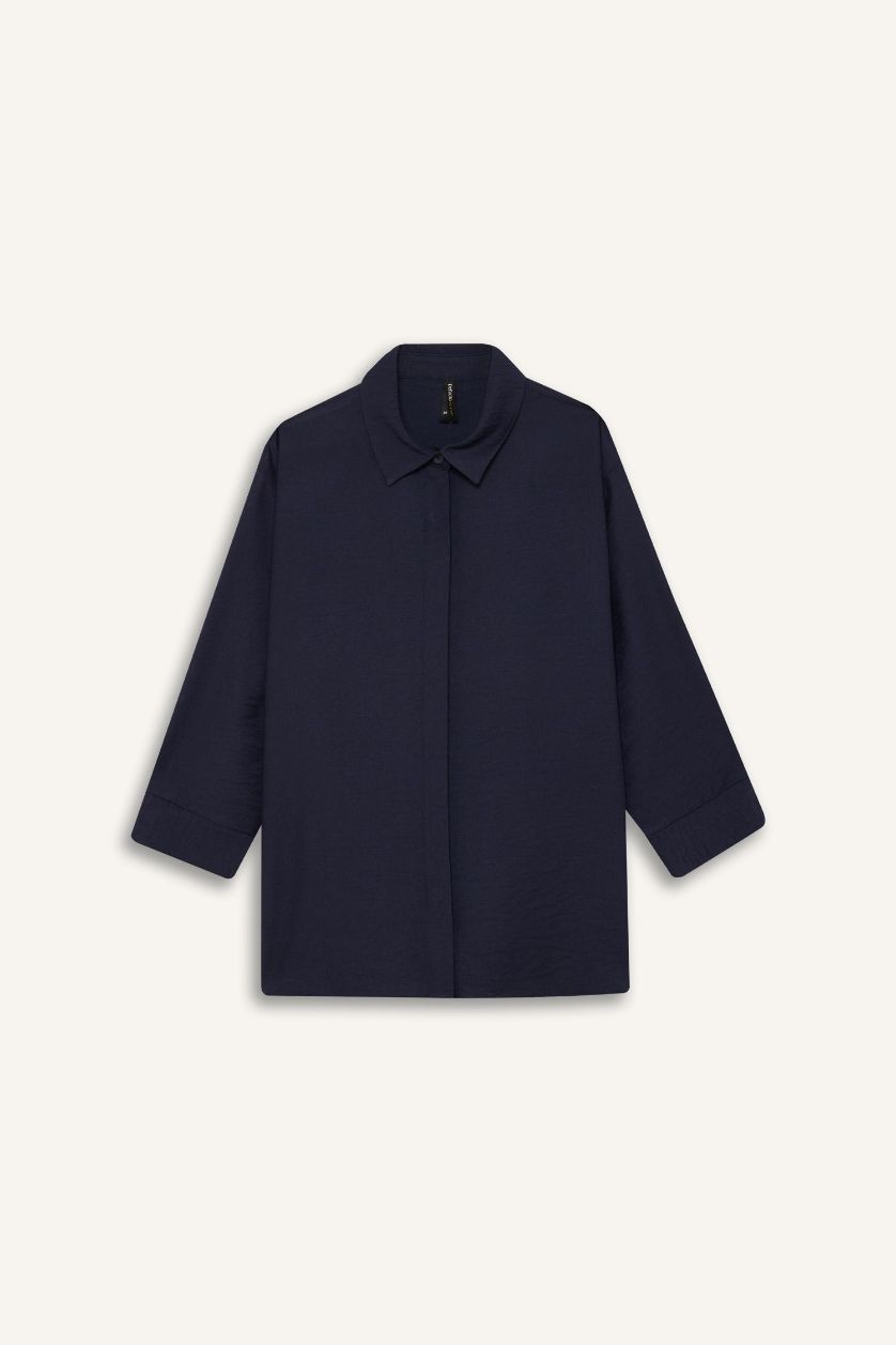 Kadın Lacivert Regular Fit Basic Düz Yarım Kollu Gömlek